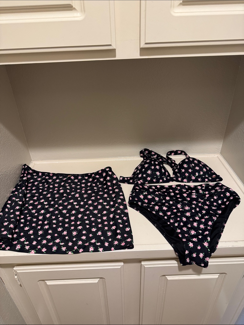 PINK Victoria's Secret Black Floral Bikini Top and Bottom with Skirt Size L